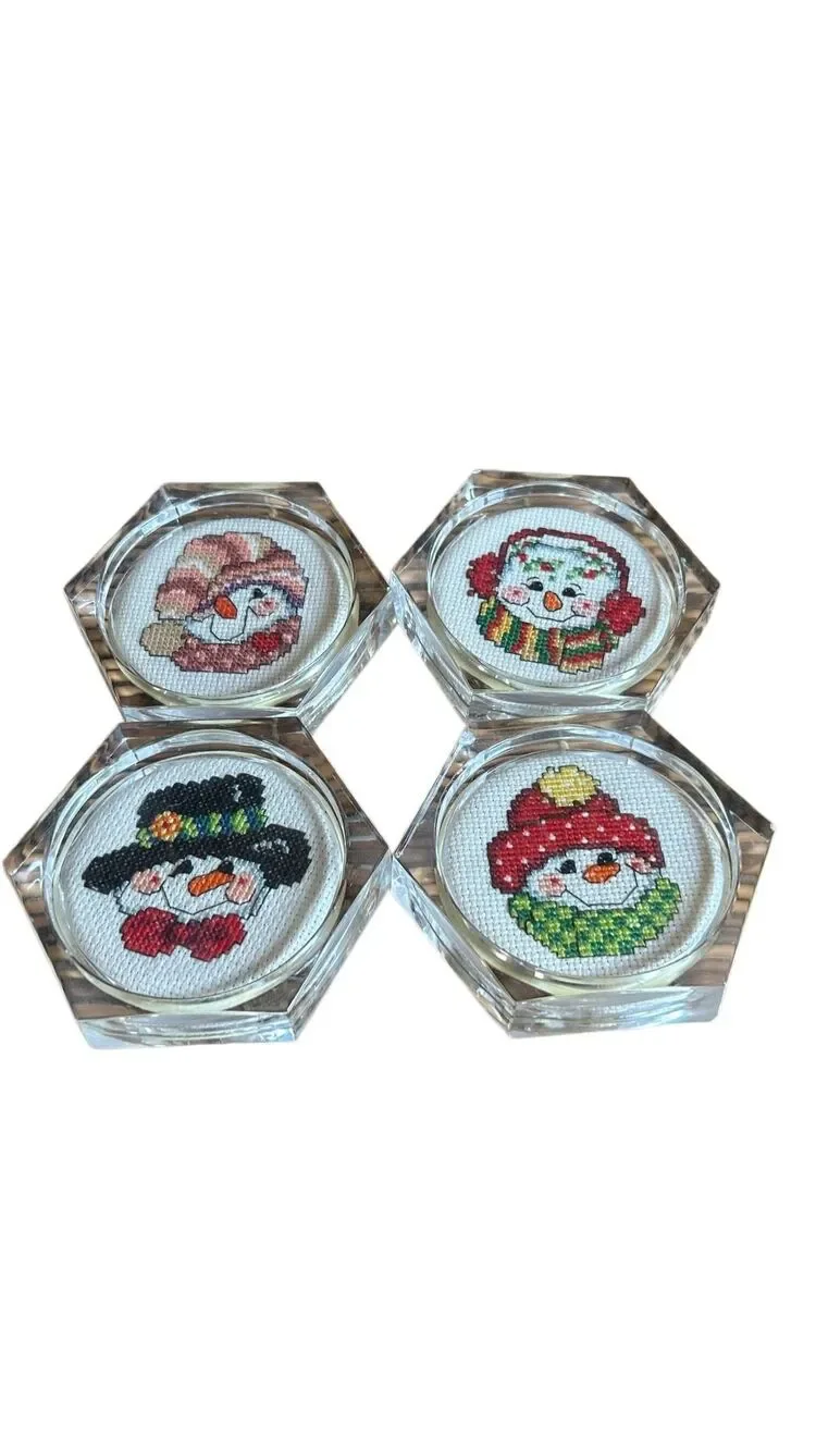 Snowmen Acrylic Handmade Cross Stitch Coasters Set of 4